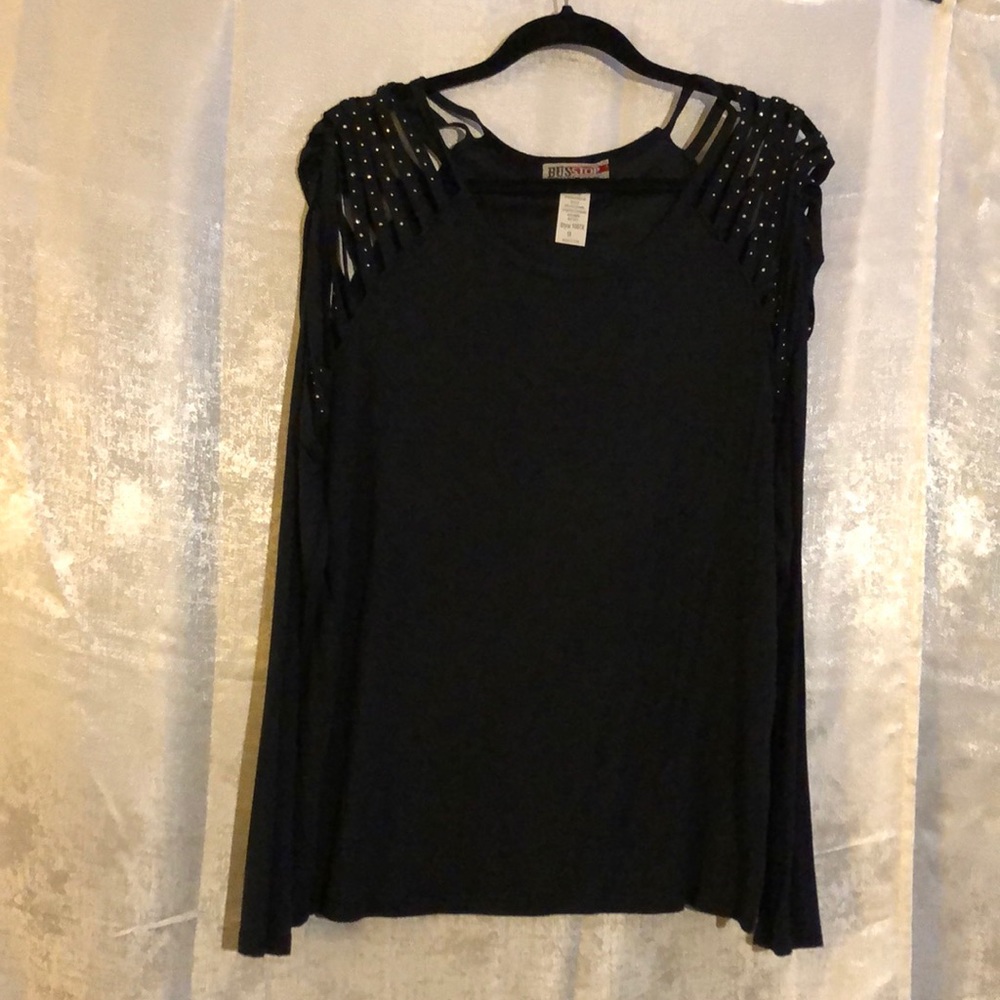 Bus stop black long sleeve tshirt studded shoulders with sexy shoulder cut outs